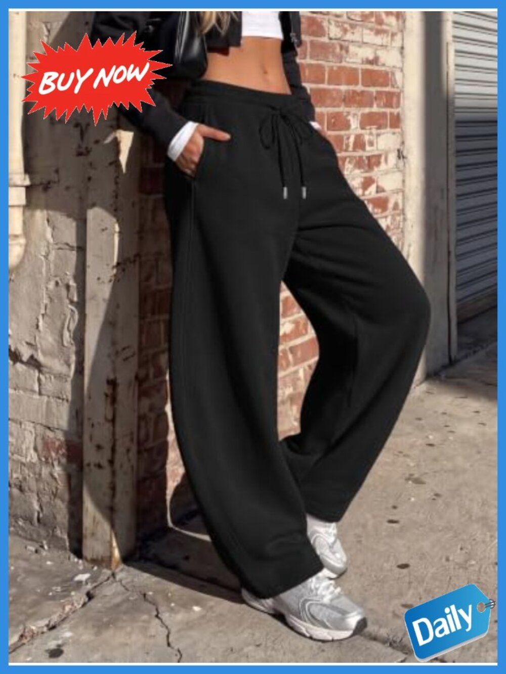 Fleece-Lined Barrel Wide Leg Sweatpants Low Rise Pull On Pockets - Picture 4 of 5